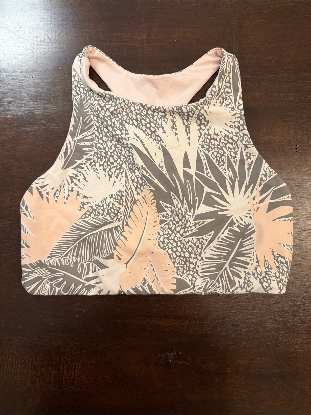 Women’s Tropical Print High-Neck Crop Top - Light Pink, Peach, & Gray